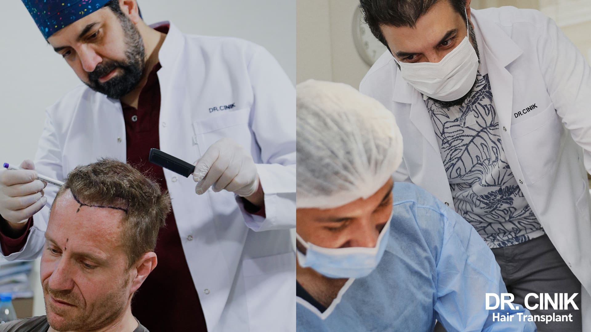 Doctor Emrah Cinik drawing the future frontal hairline on a patient's scalp with a pencil, then leaning over a patient wearing a surgical cap during the procedure