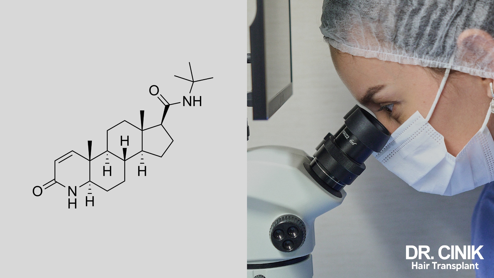 Chemical formula of finasteride displayed beside a laboratory technician leaning over a microscope