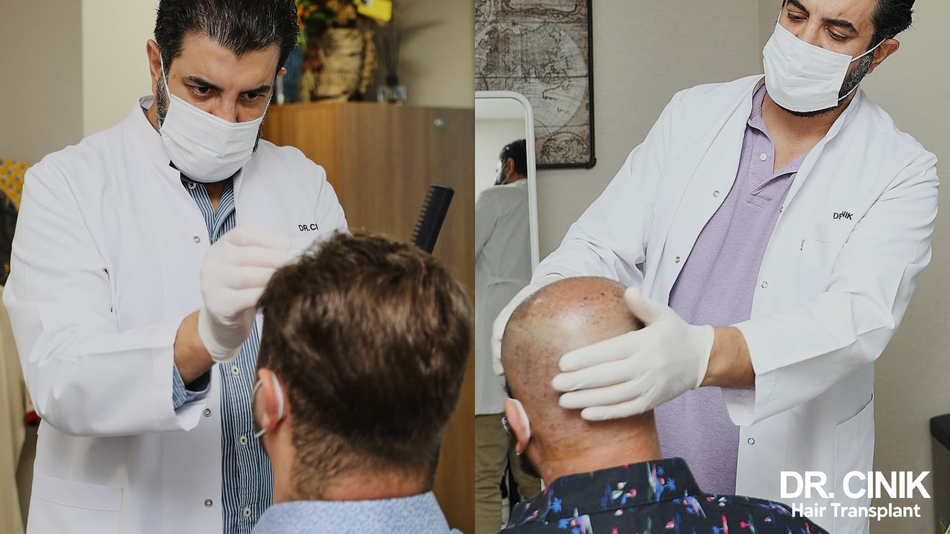 Dr Cinik examining the scalp of two patients during consultations, in a white coat and gloves