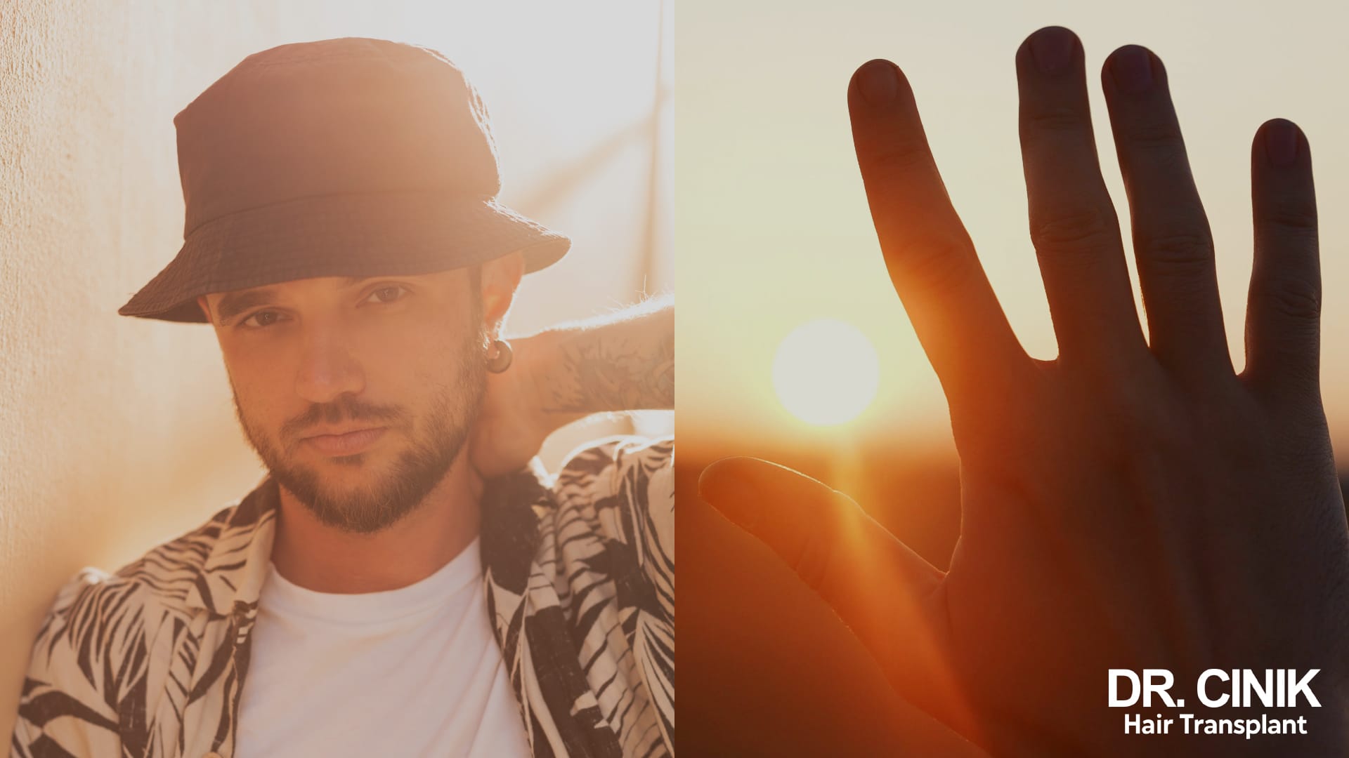 Portrait of a man in a bucket hat in bright summer light, next to a raised hand in front of a low sun