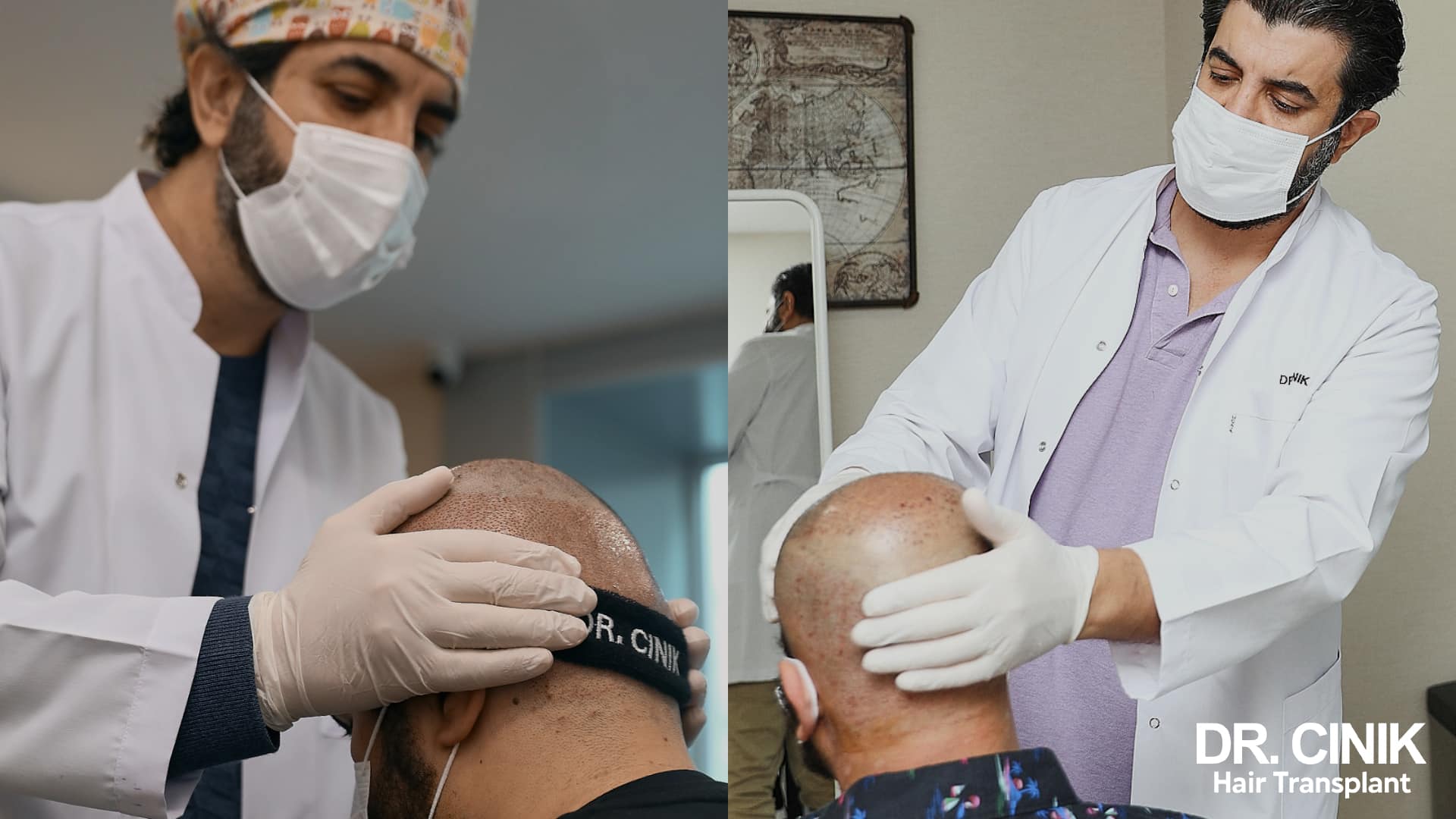 Dr Cinik and a member of the medical team examining patients' scalps after surgery