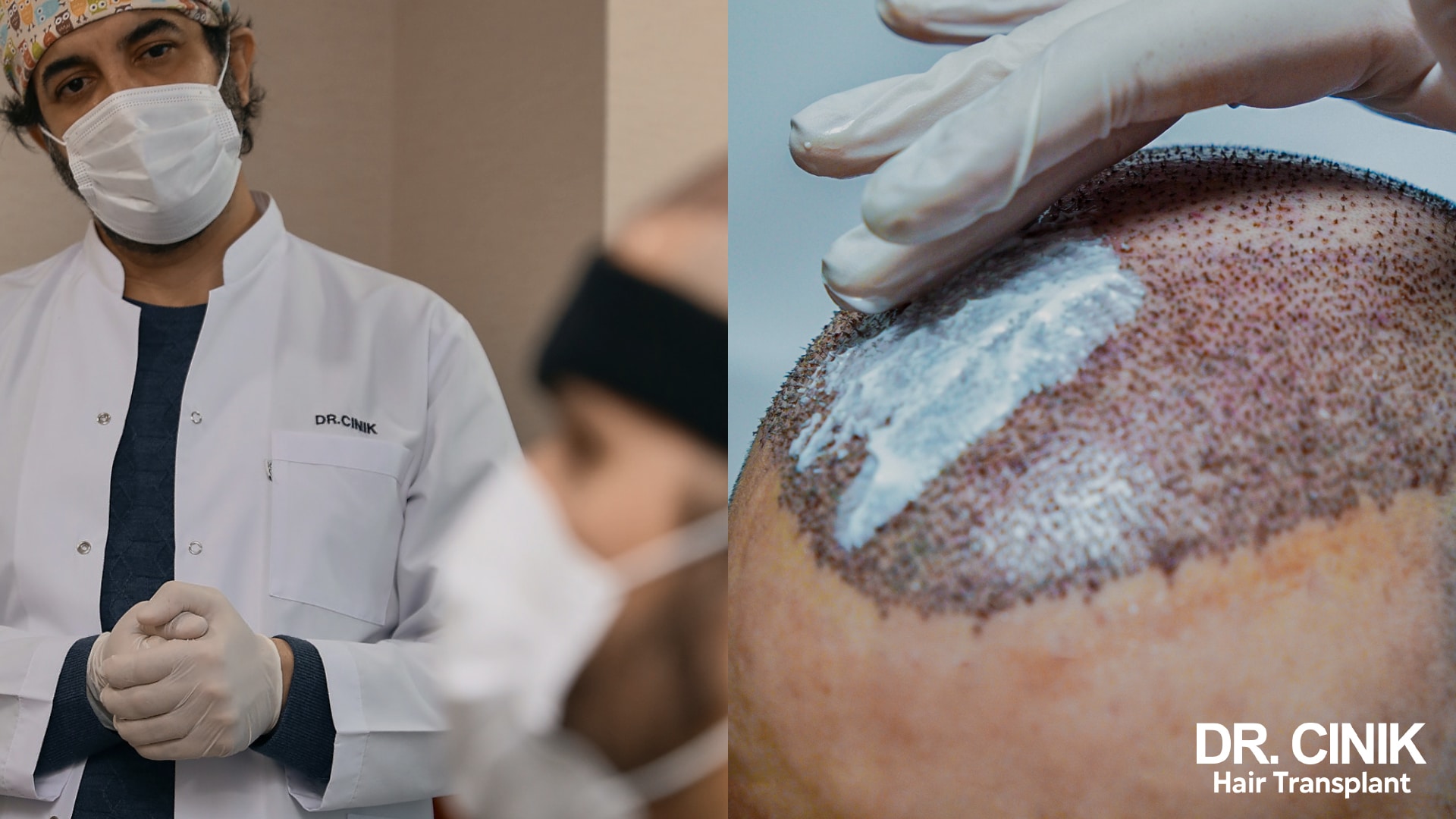 Dr Cinik in surgical scrubs at a patient's side and, on the right, a white care product being applied to a freshly implanted recipient area