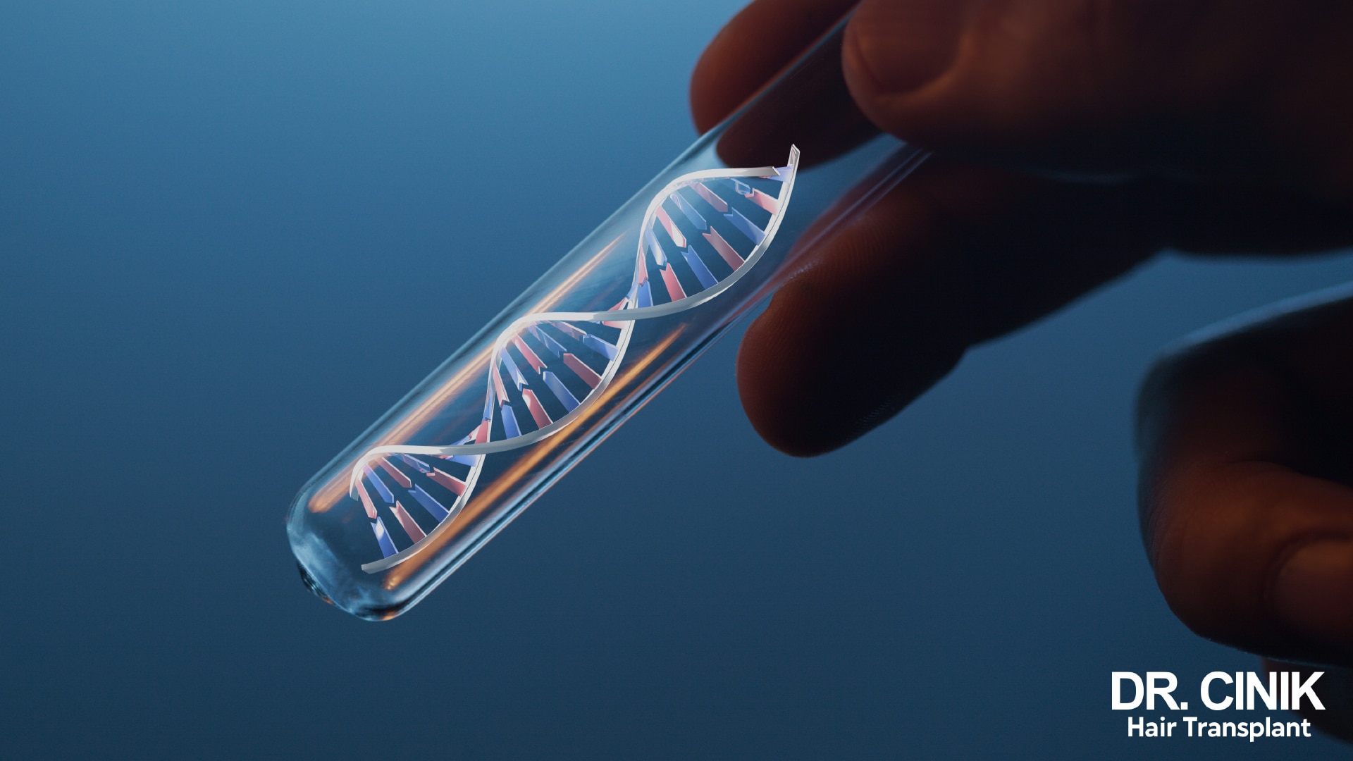 Gloved hand holding a laboratory tube with a DNA double helix floating inside it, against a blue background