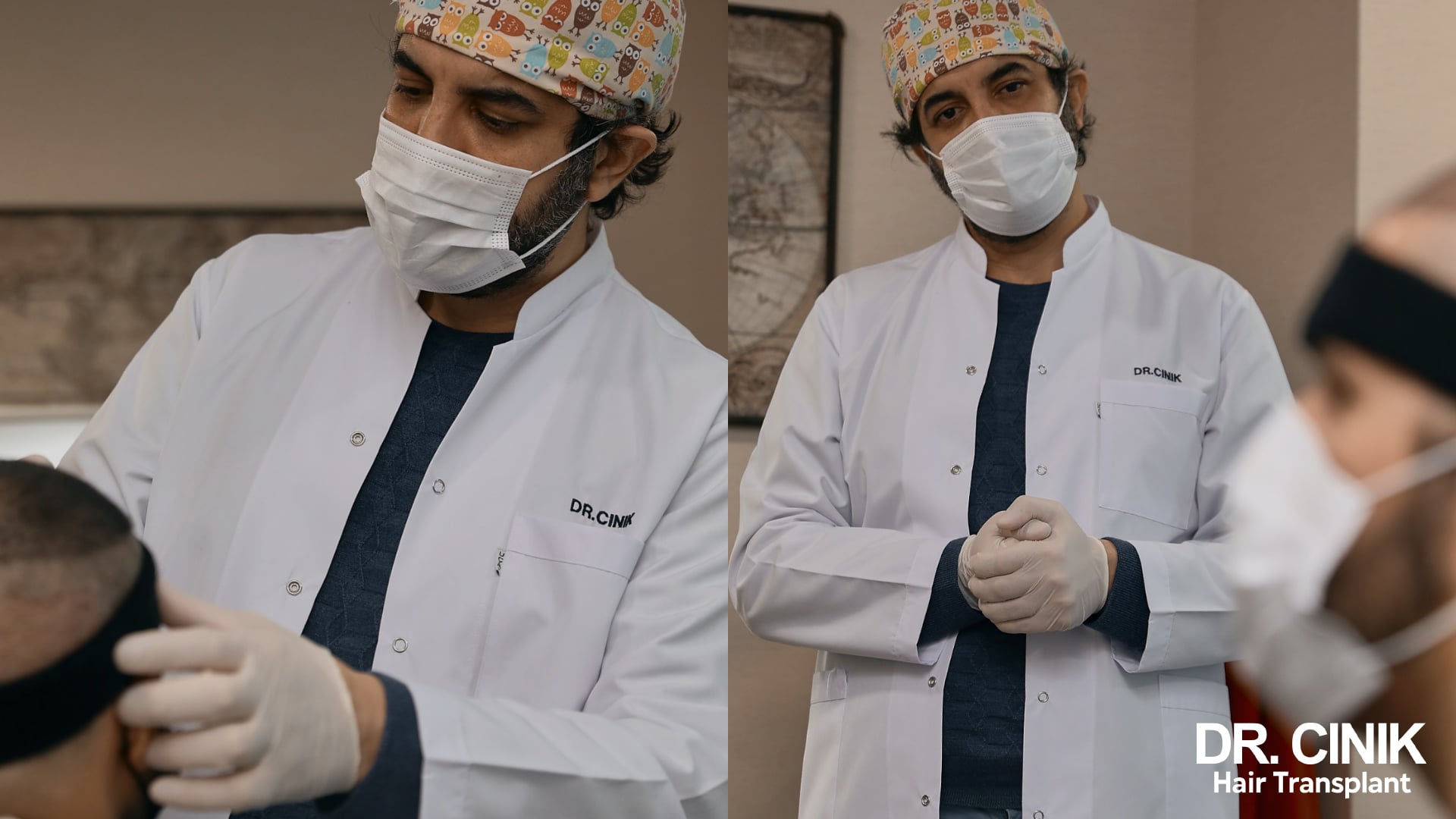 Doctor Emrah Cinik, in scrubs and surgical cap, examines a patient wearing a headband and then talks him through the consultation