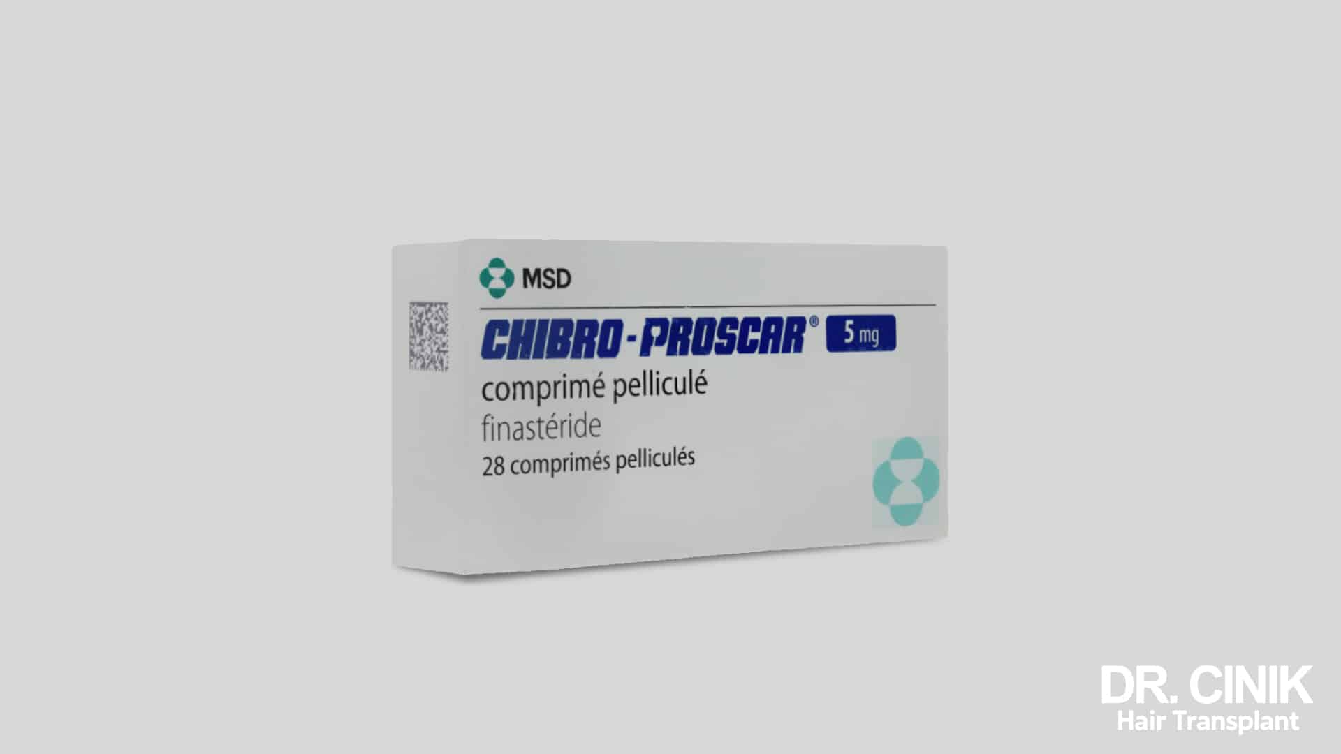 Box of finasteride 5 mg film-coated tablets, 28 units, sold under the Chibro-Proscar brand