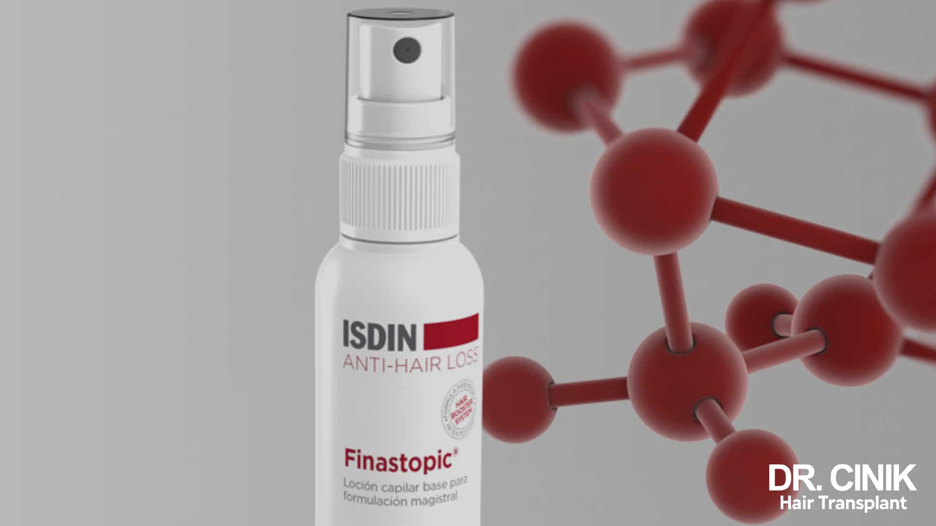 Bottle of topical finasteride scalp lotion standing in front of a three dimensional representation of a molecule