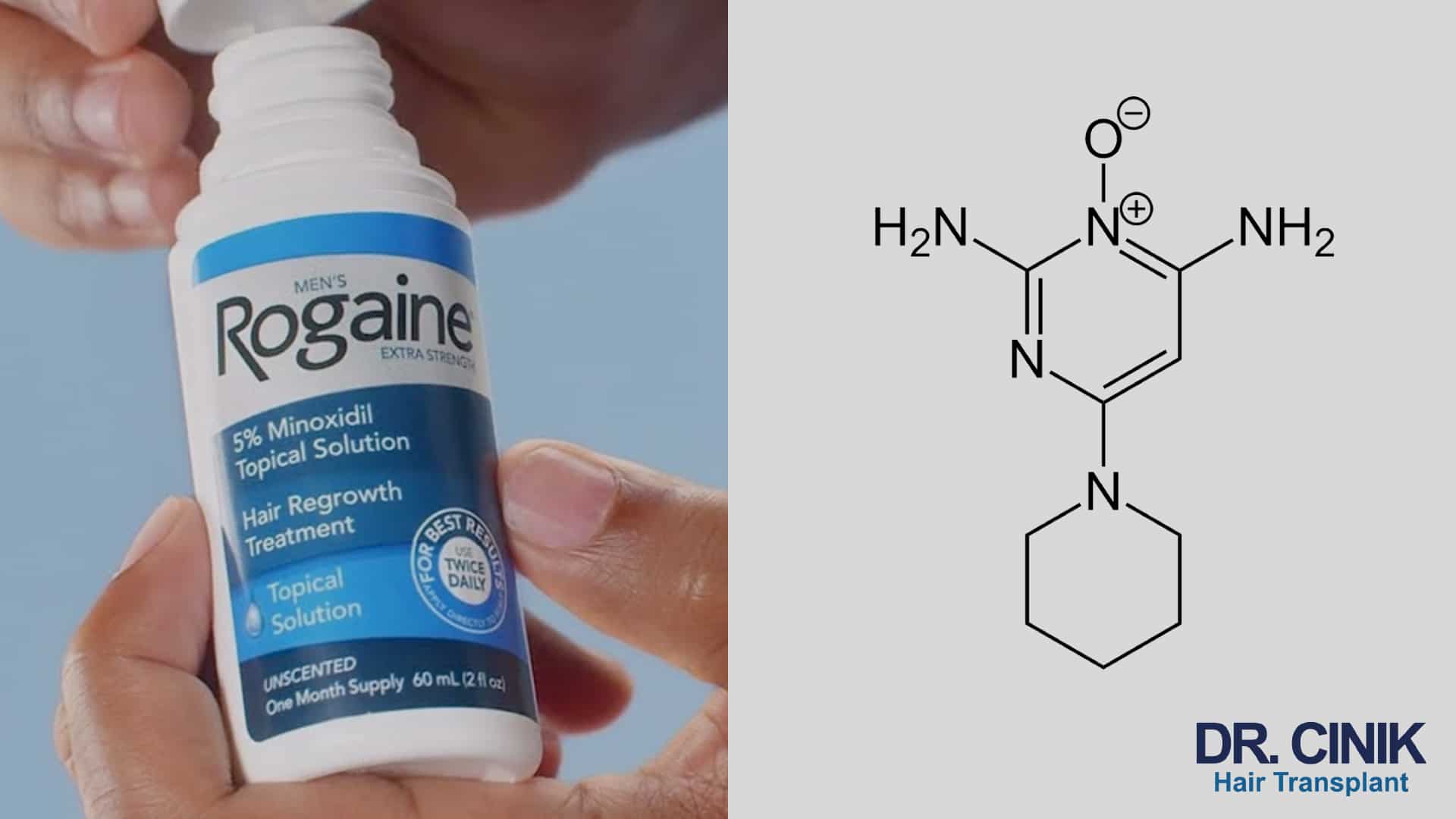 Une main tient un flacon de solution topique de minoxidil à 5 pour cent, à côté de la formule chimique développée de la molécule