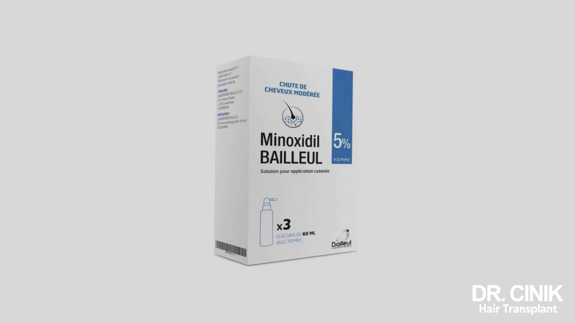 Box of Minoxidil Bailleul 5% for men, a cutaneous solution, with three 60 ml pump bottles