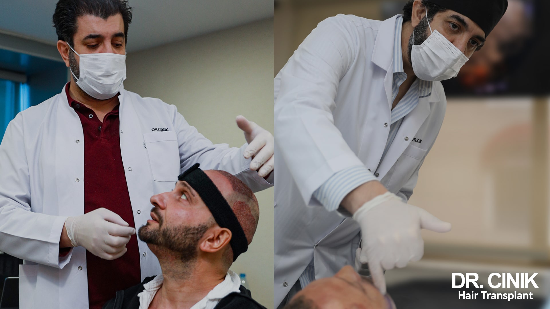 Post-operative consultation: a doctor in a white coat examining and advising a patient wearing a black forehead band