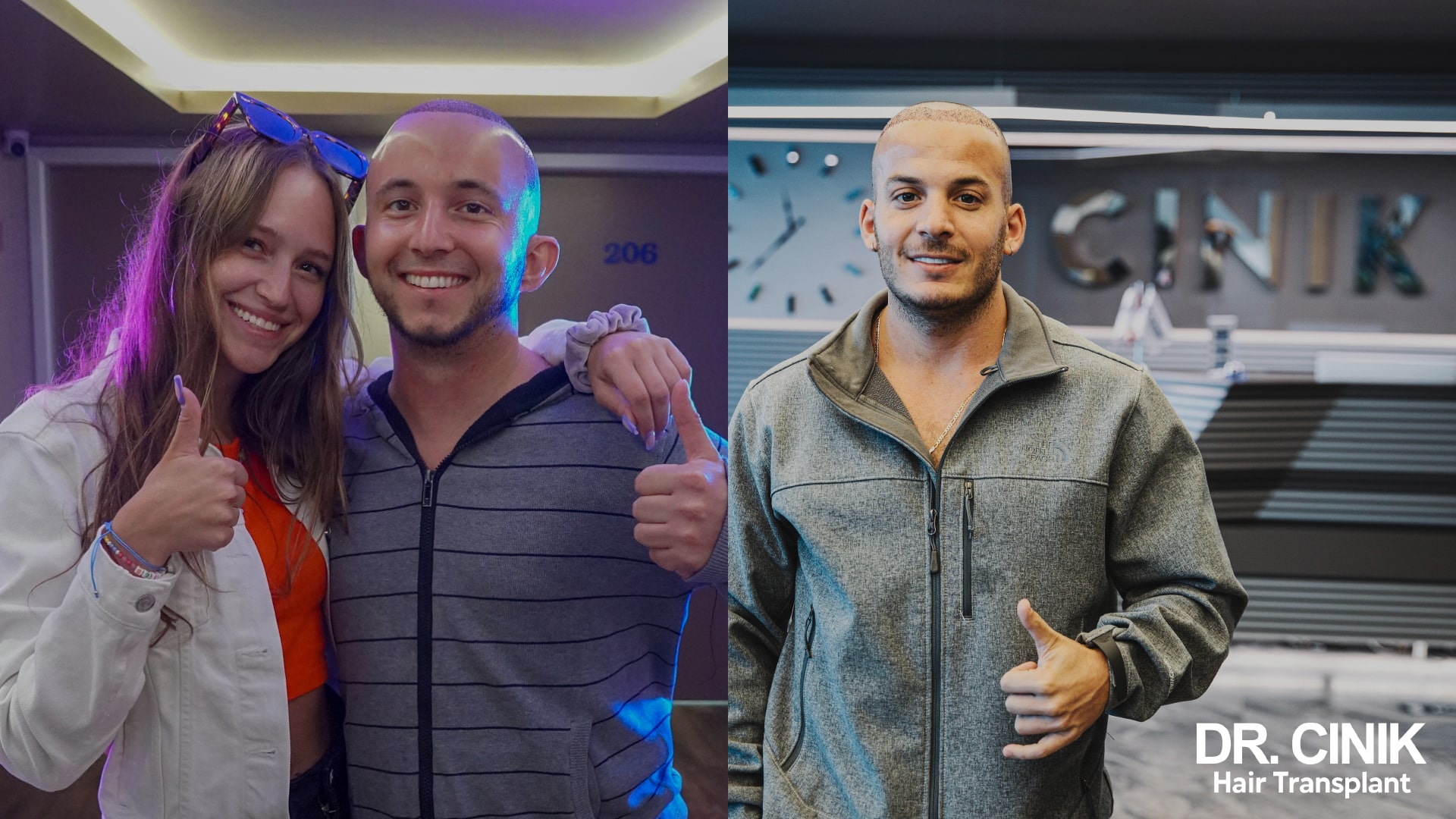 משמאל, מטופל לאחר הניתוח מצטלם עם אגודל מורם לצד מלווה במסדרון המרפאה; מימין, מטופל בראש מגולח מצטלם מול דלפק הקבלה שעליו הלוגו של ג'יניק
