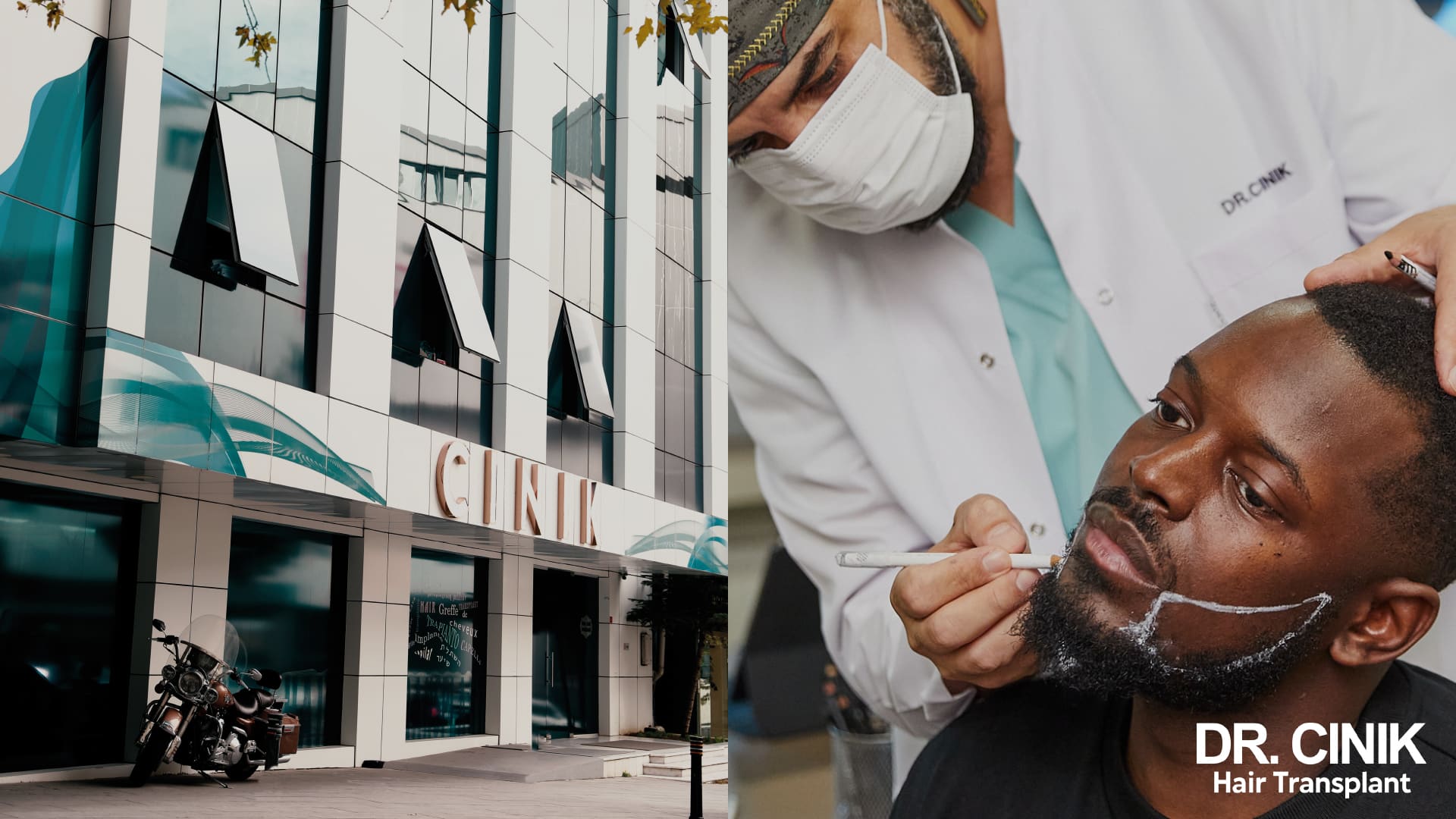 Façade de la clinique Cinik à Istanbul et praticien traçant au crayon blanc la ligne de barbe d'un patient