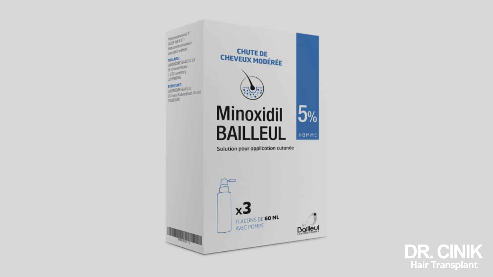 Box of minoxidil 5 % cutaneous solution, three bottles with a pump