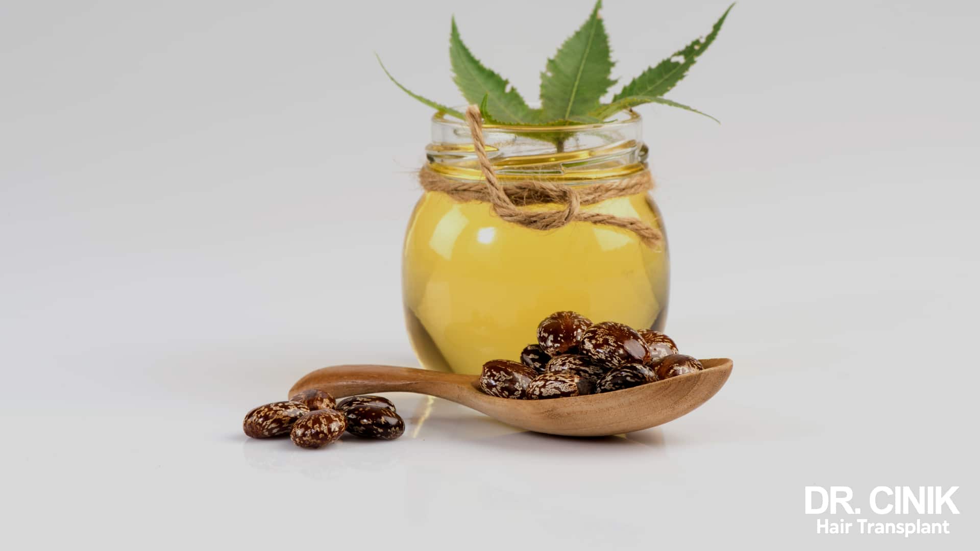 Jar of castor oil closed with string, a green leaf and speckled seeds on a wooden spoon