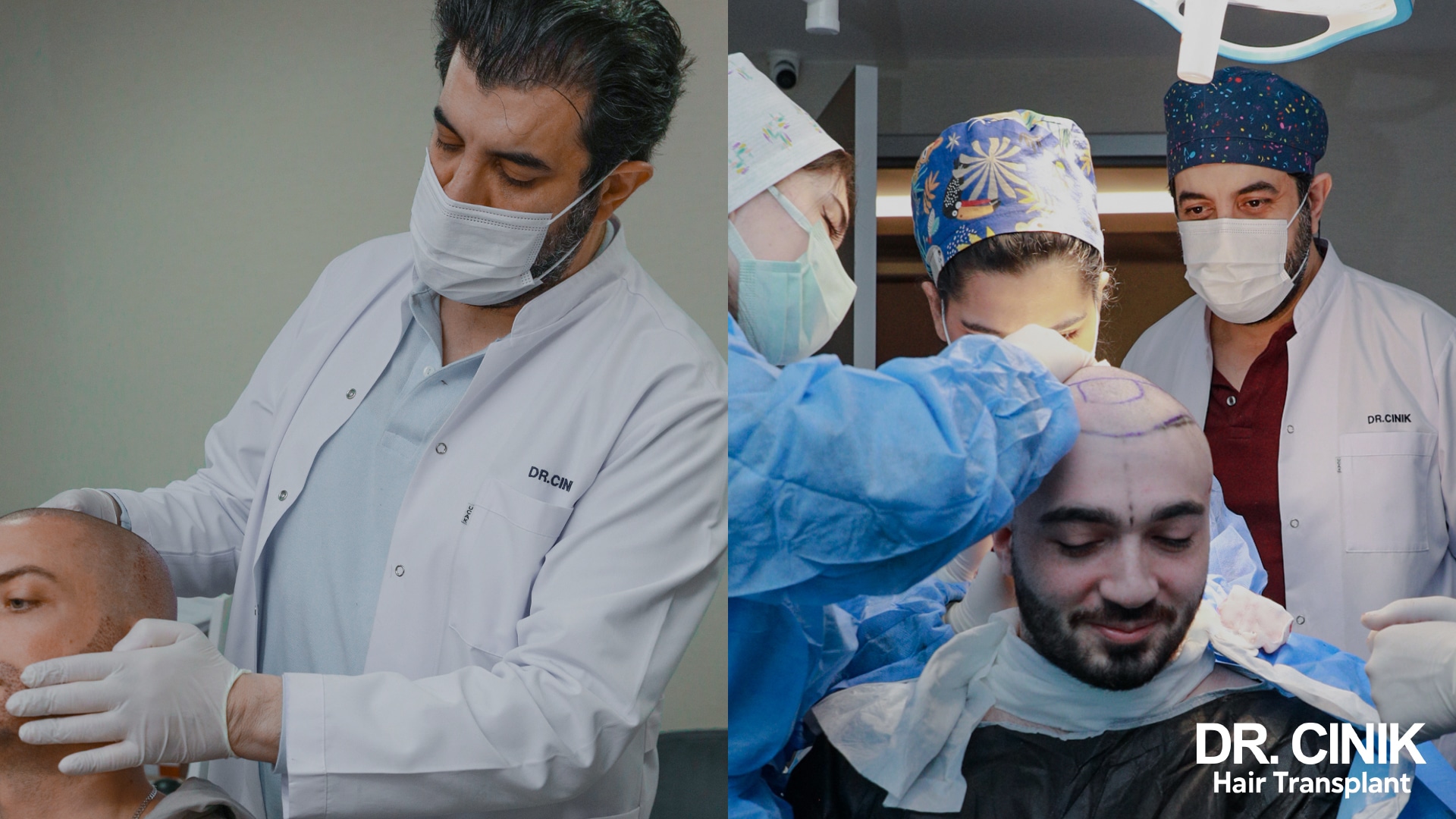 Doctor Cinik examining a patient's scalp in consultation, and the medical team marking out the frontal hairline in theatre