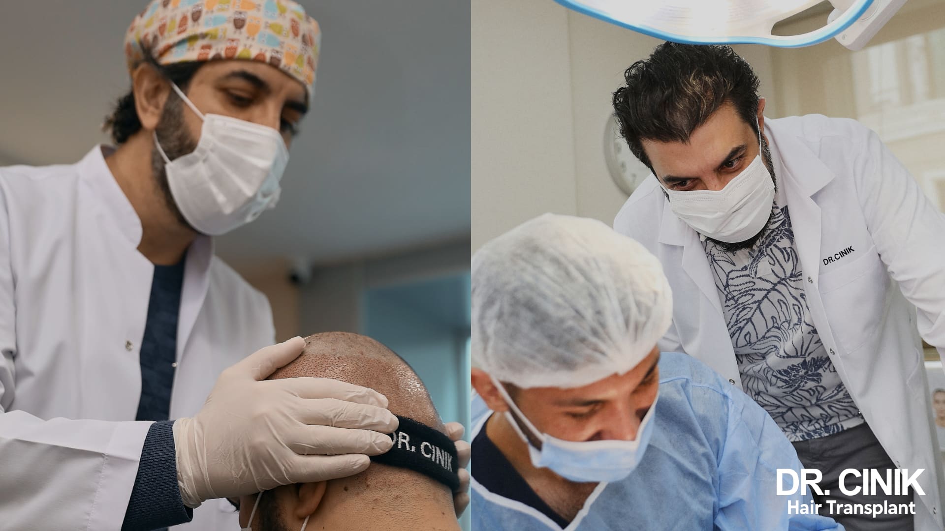 Doctor Emrah Cinik examining a patient's scalp in consultation, and supervising a procedure in theatre