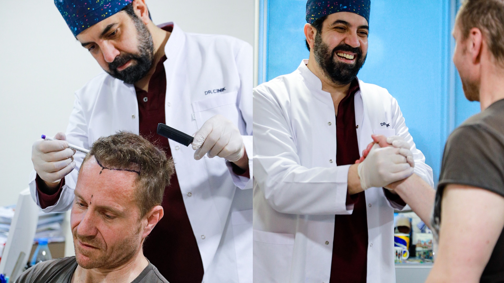 Dr Emrah Cinik drawing a patient's frontal line in marker, then shaking hands with the same patient before surgery
