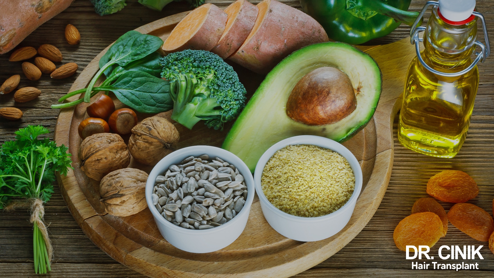An image showcases a variety of healthy foods that, in addition to other benefits, can help avert nutritional deficiencies. Such deficiencies could potentially exacerbate hair loss associated with menopause