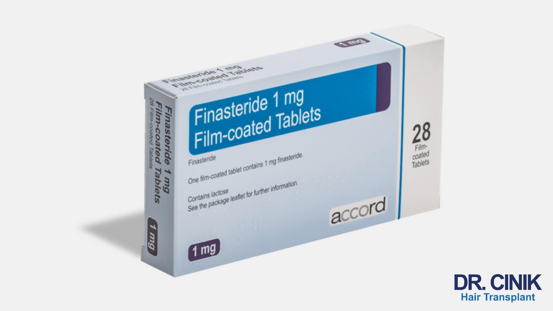 Box of finasteride 1 mg film-coated tablets, one of the medicines prescribed for androgenetic hair loss