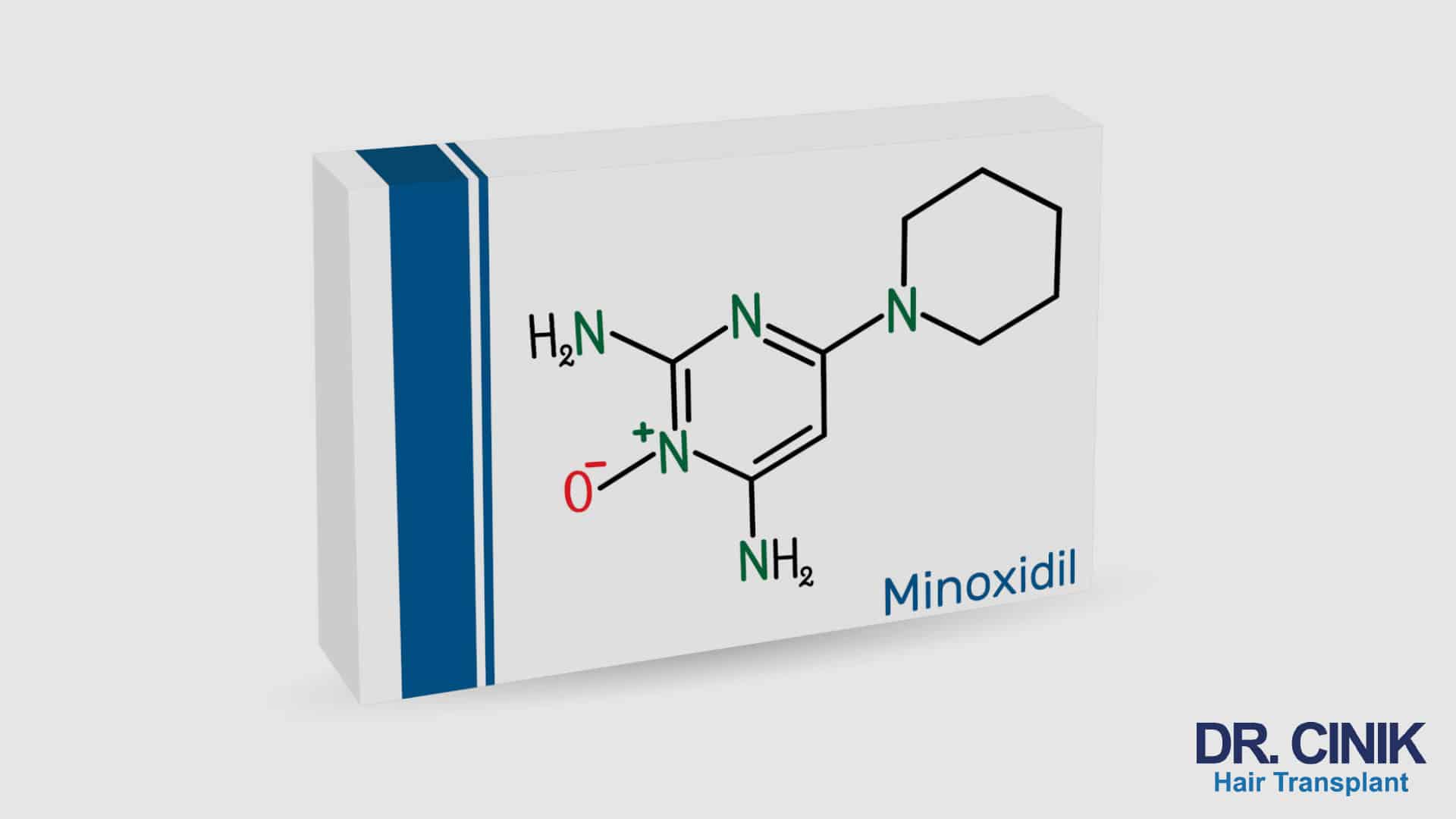 White and blue box showing the full chemical formula of the minoxidil molecule