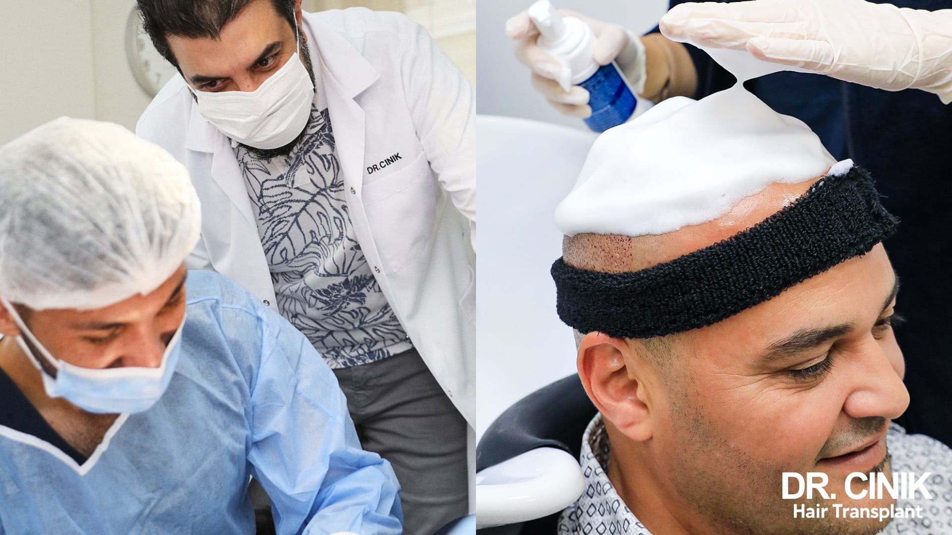 Left, Dr Cinik supervising a technician during the operation; right, the scalp being washed with foam afterwards, retaining headband in place