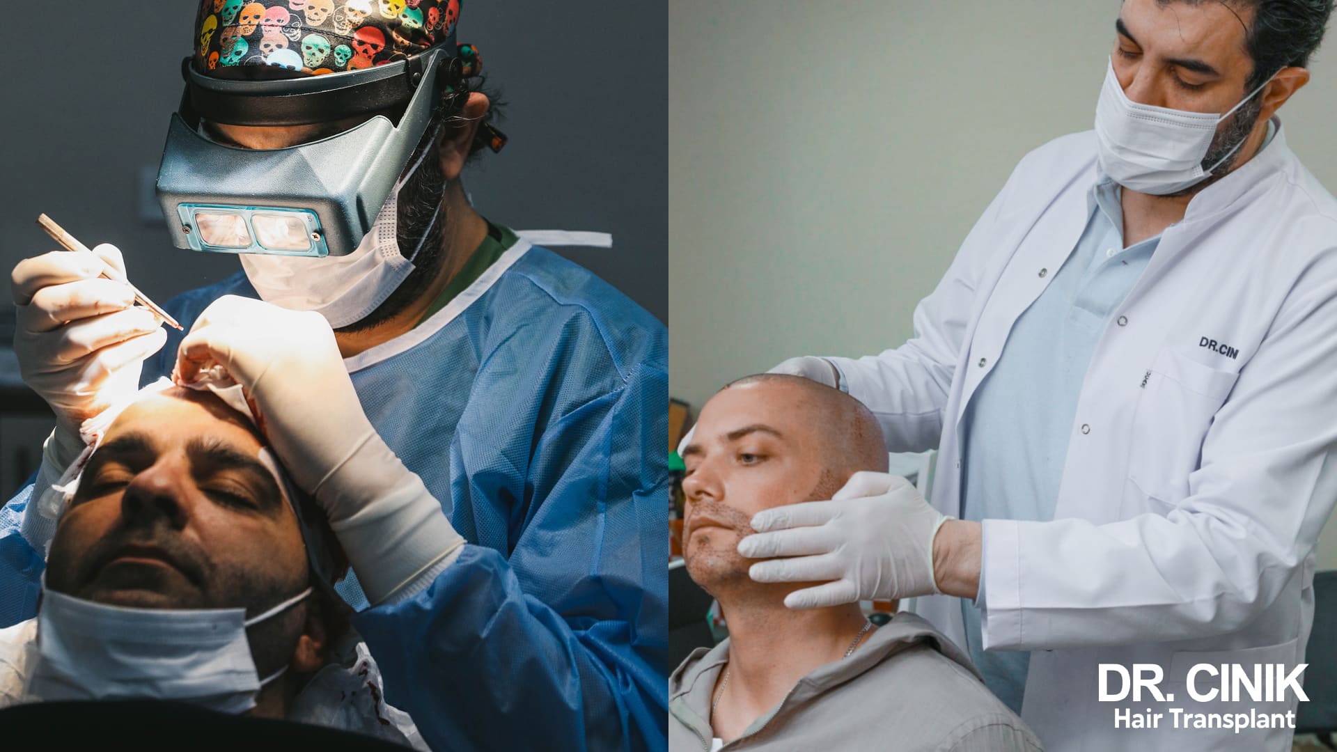 Split view of a surgeon in magnifying loupes working on a reclining patient's frontal hairline, and Dr Cinik examining the scalp of a seated patient during consultation