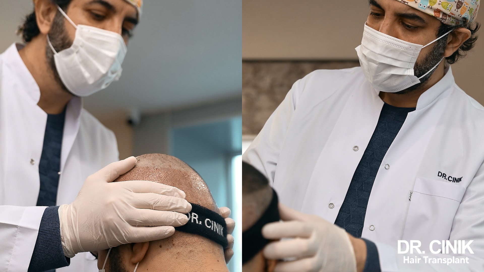 Dr Cinik examining a patient's grafted area at the check-up that follows the operation