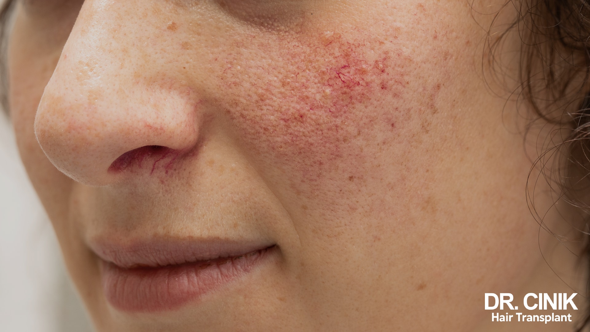 A woman's cheek showing diffuse redness and fine dilated vessels, typical of rosacea