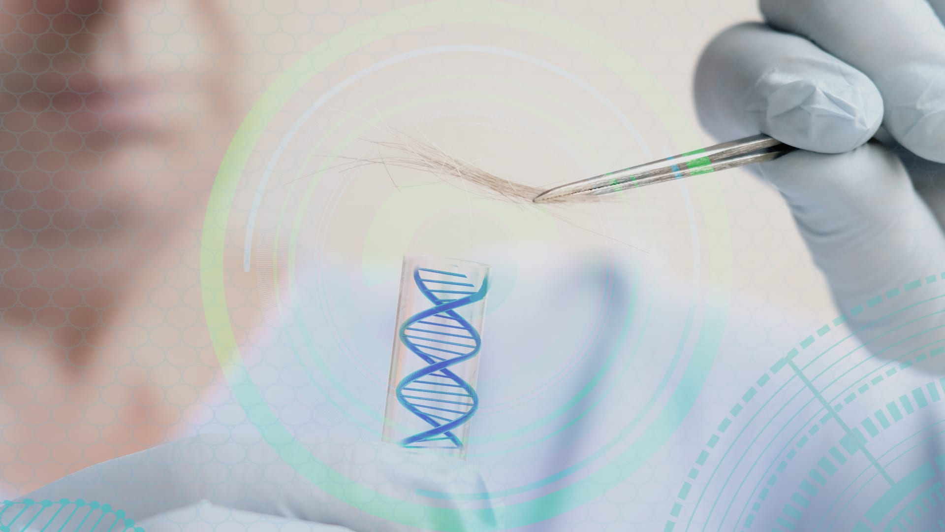 Gloved hand holding a lock of hair with forceps above a test tube containing a DNA double helix