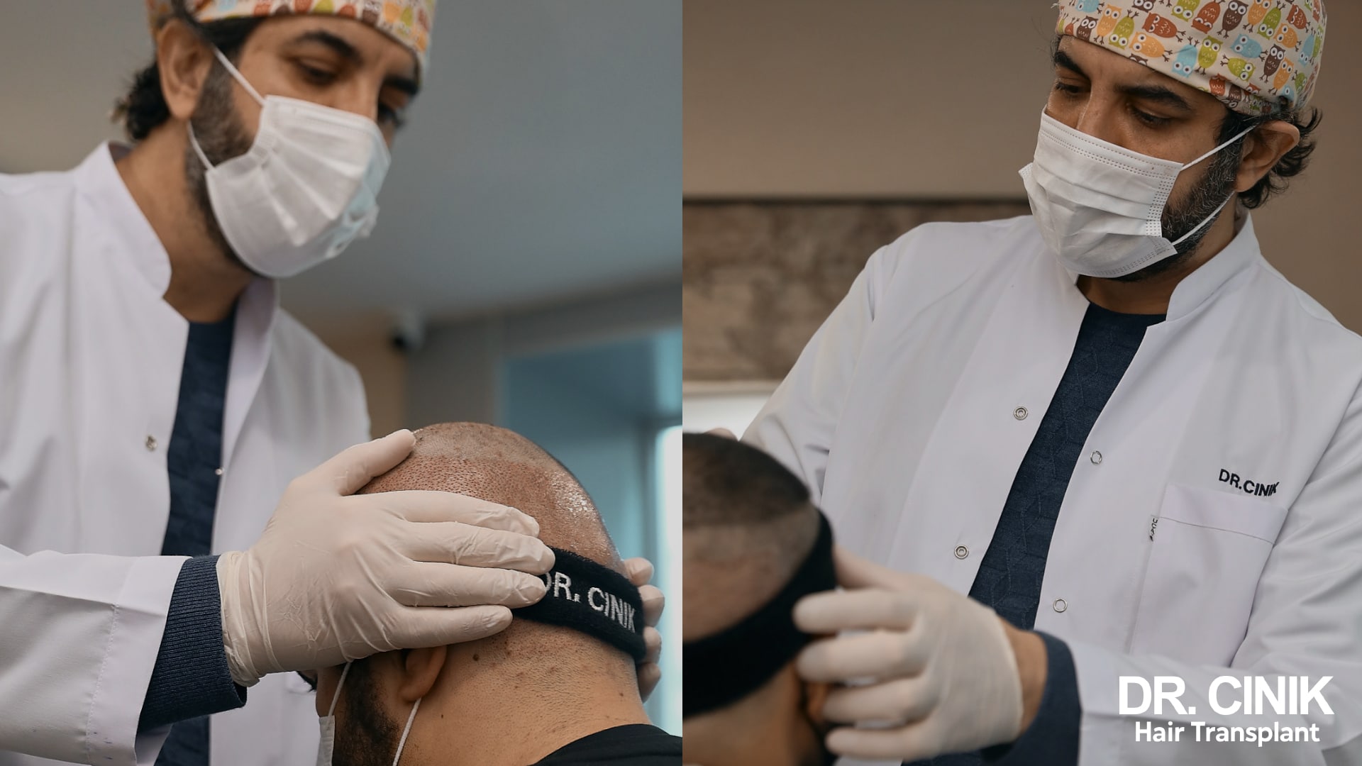 Praticien ajustant un bandeau de protection sur la tête tondue d'un patient dont la zone receveuse est encore rouge