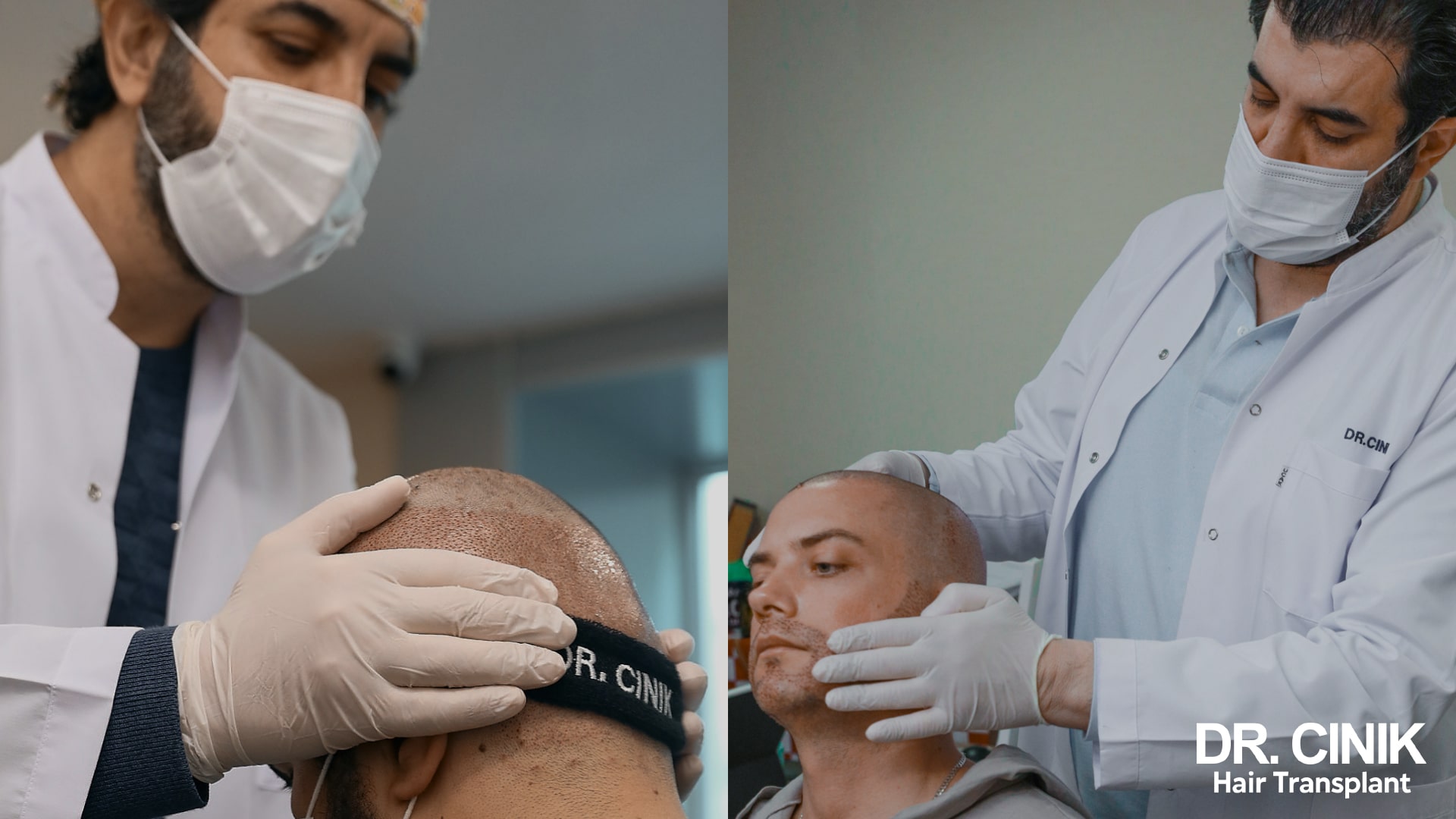 Surgeon wearing a headband with the clinic name examining a patient's scalp at a post-operative check-up